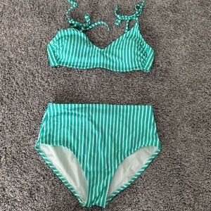 Kona Sol turquoise & cream striped two piece, high rise bottom size large